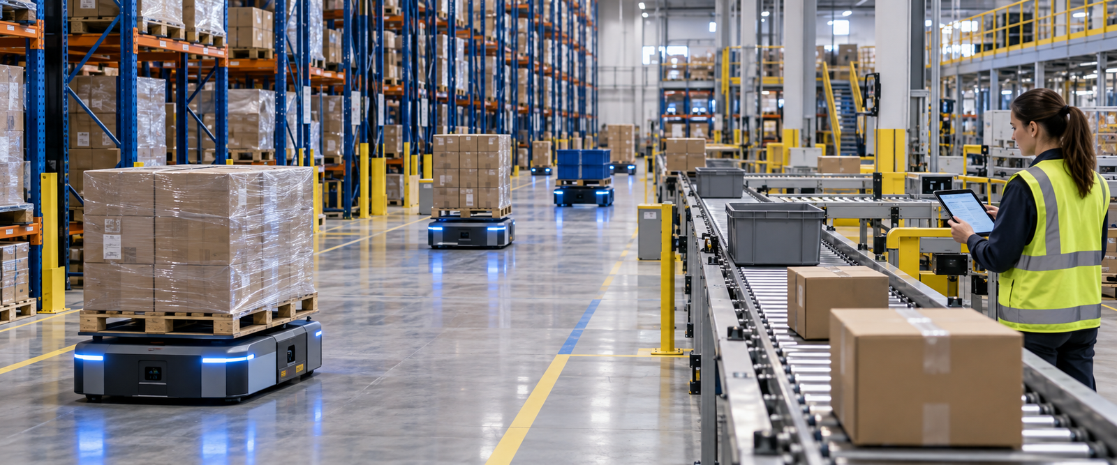 AI-enabled warehouse execution with autonomous mobile robots, conveyors, pallets, and a human supervisor