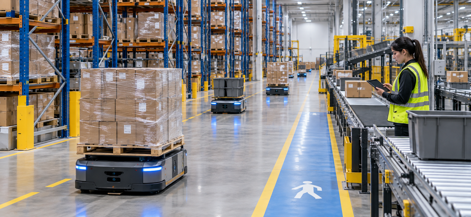 AI-enabled warehouse execution with autonomous mobile robots, conveyors, pallets, and a human supervisor