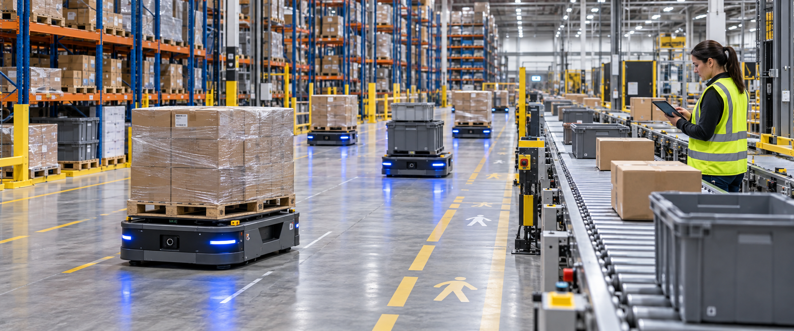 AI-enabled warehouse execution with autonomous mobile robots, conveyors, pallets, and a human supervisor