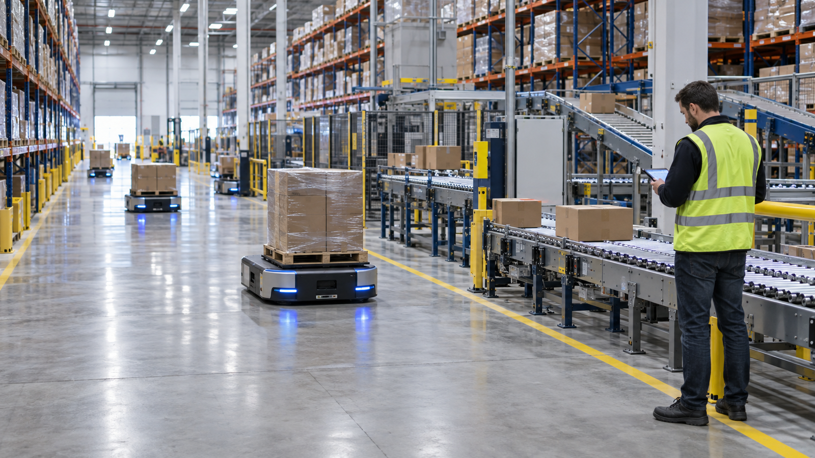 AI-enabled warehouse execution with autonomous mobile robots, conveyors, pallets, and a human supervisor