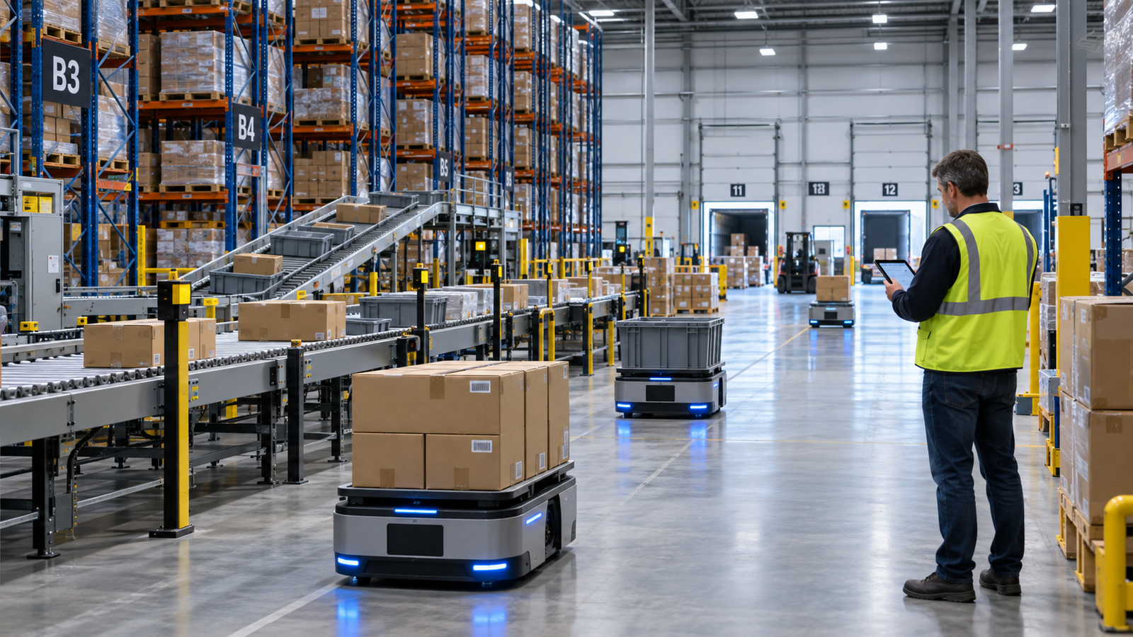 AI-enabled warehouse execution with autonomous mobile robots, conveyors, pallets, and a human supervisor