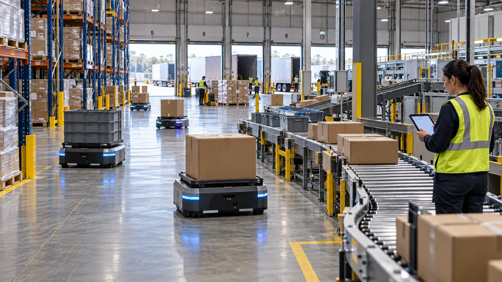 AI-enabled warehouse execution with autonomous mobile robots, conveyors, pallets, and a human supervisor