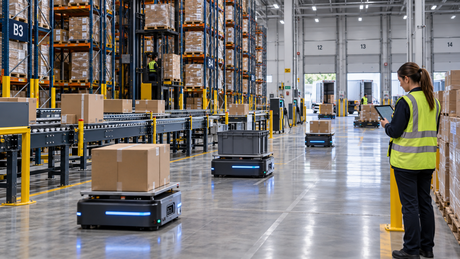 AI-enabled warehouse execution with autonomous mobile robots, conveyors, pallets, and a human supervisor