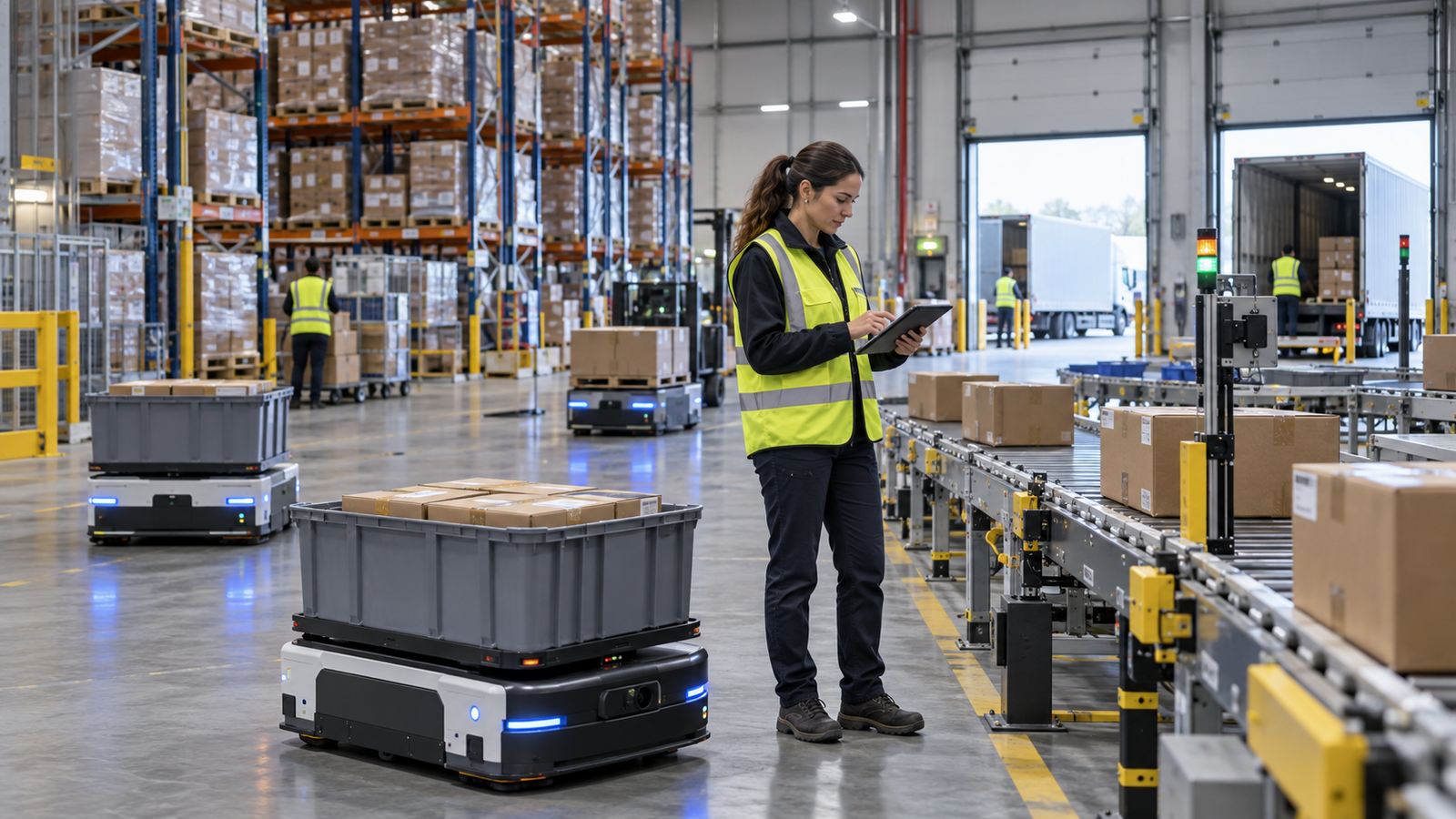 AI-enabled warehouse execution with autonomous mobile robots, conveyors, pallets, and a human supervisor