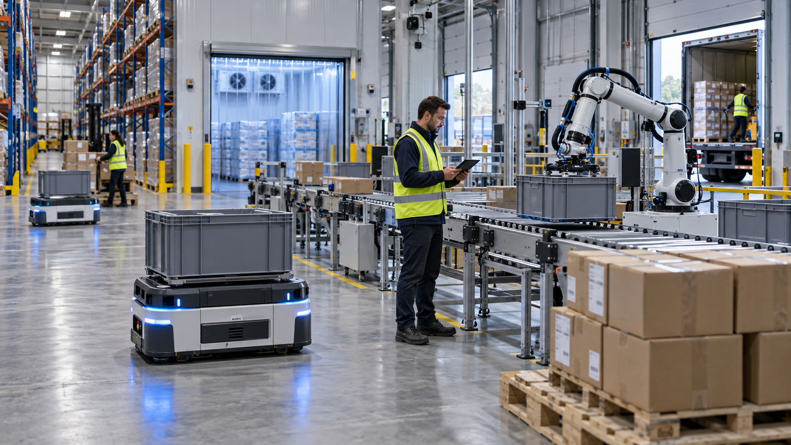 AI-enabled warehouse execution with autonomous mobile robots, conveyors, pallets, and a human supervisor