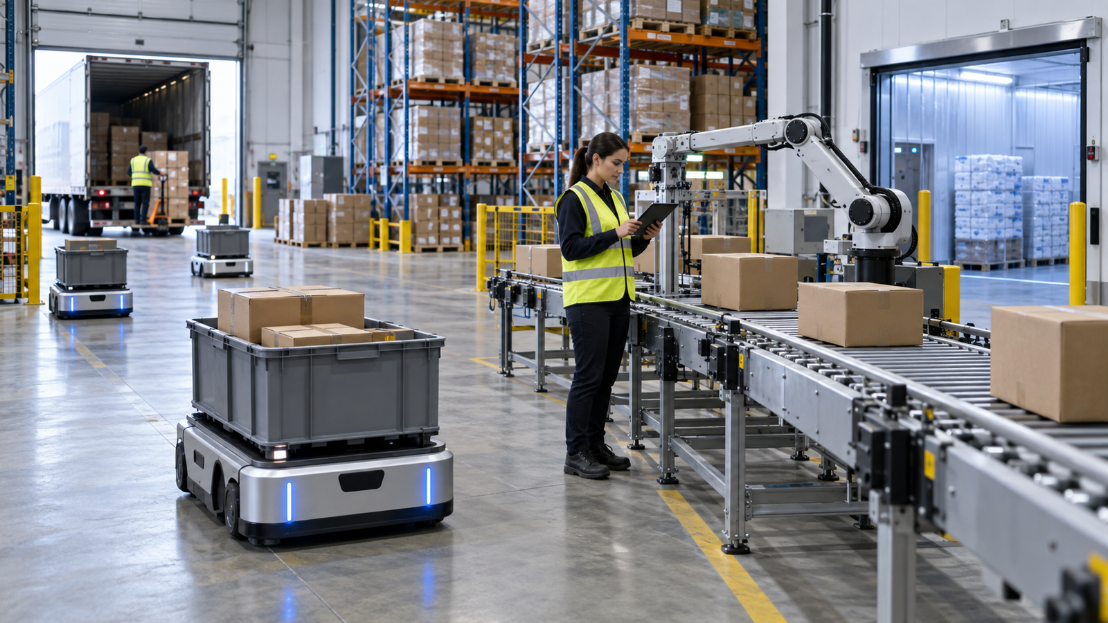 AI-enabled warehouse execution with autonomous mobile robots, conveyors, pallets, and a human supervisor