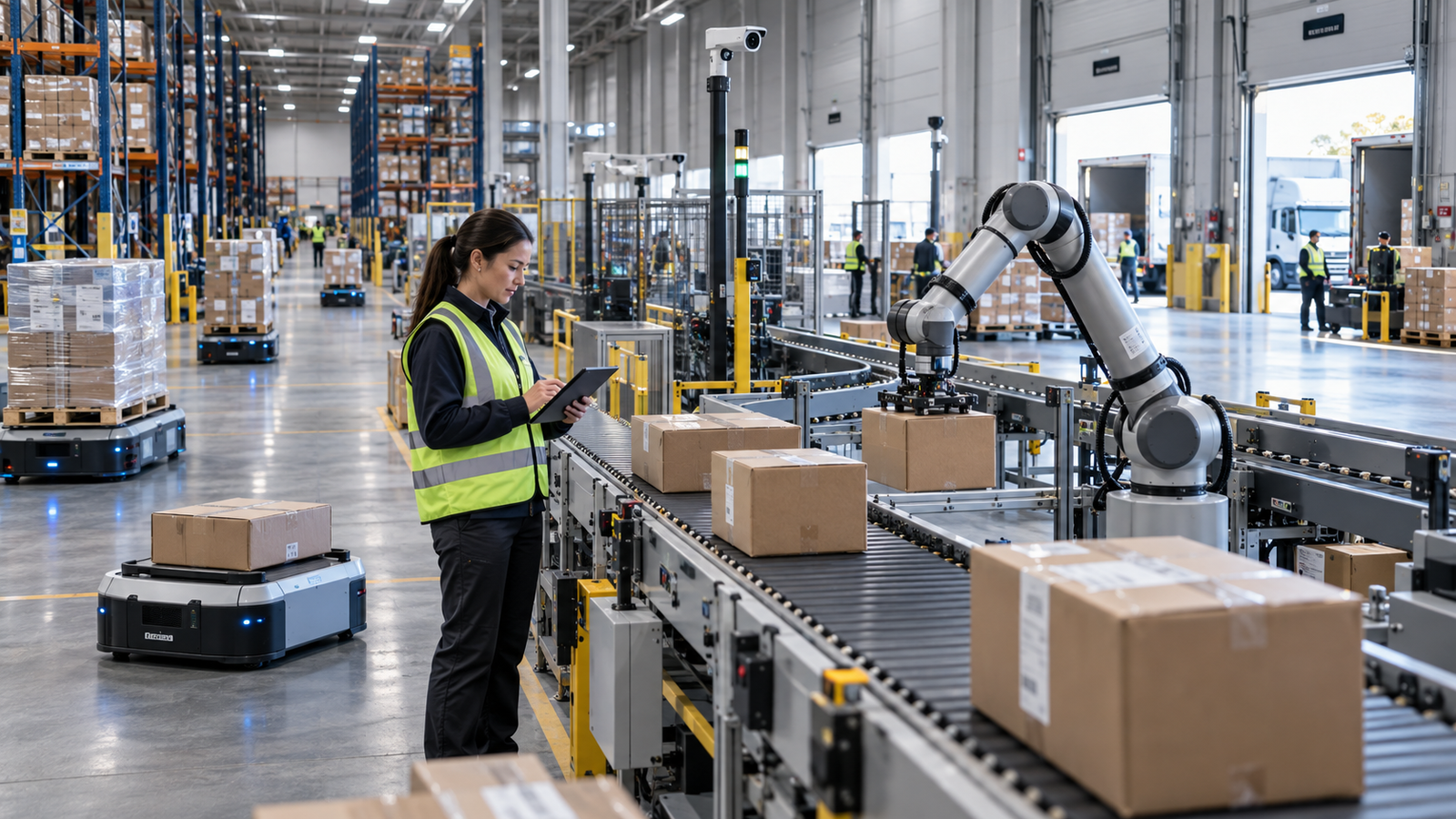 AI-enabled warehouse execution with autonomous mobile robots, conveyors, pallets, and a human supervisor
