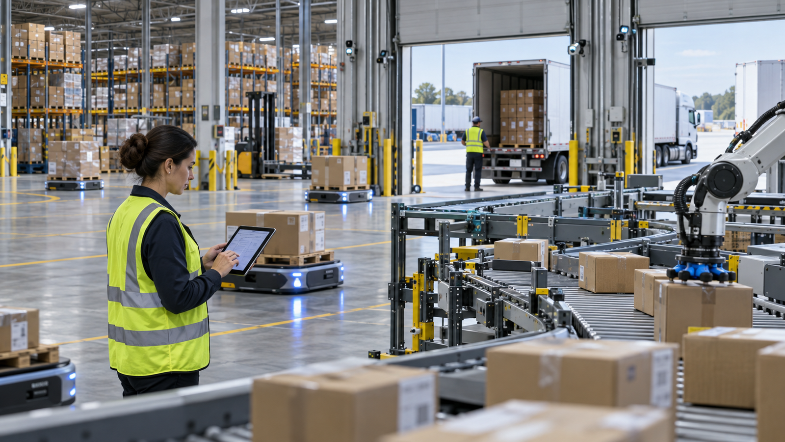 AI-enabled warehouse execution with autonomous mobile robots, conveyors, pallets, and a human supervisor