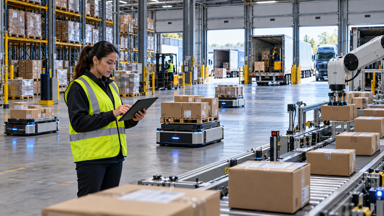 AI-enabled warehouse execution with autonomous mobile robots, conveyors, pallets, and a human supervisor