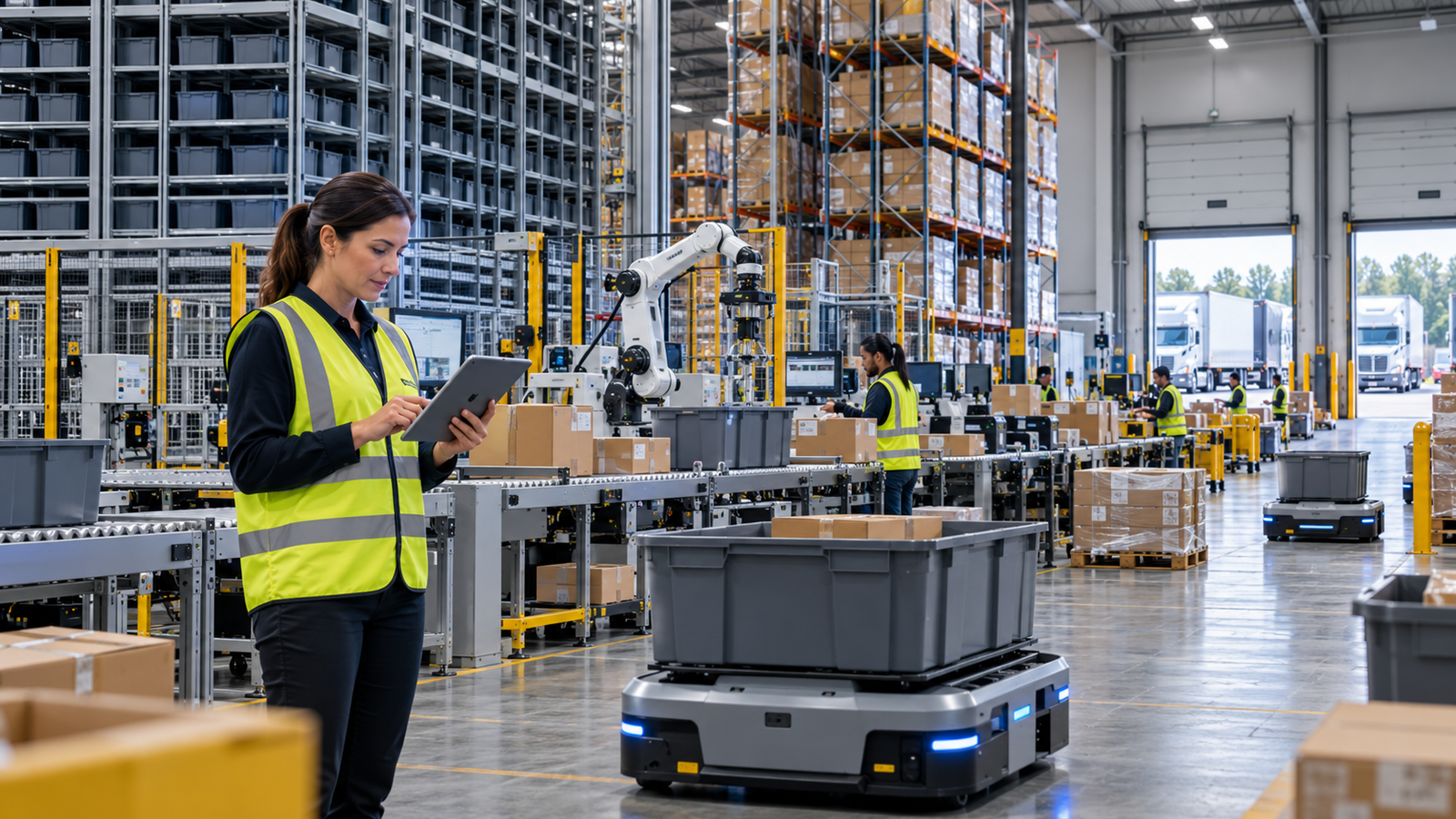 AI-enabled warehouse execution with autonomous mobile robots, conveyors, pallets, and a human supervisor