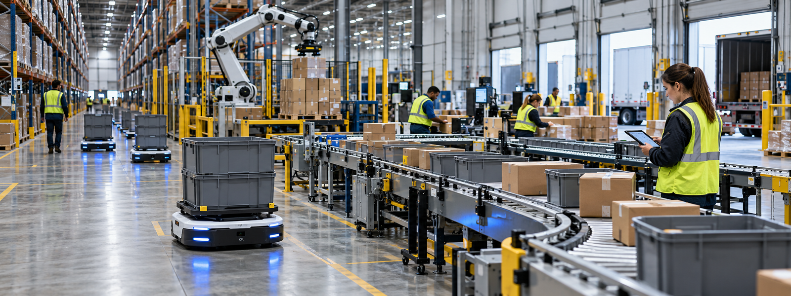 AI-enabled warehouse execution with autonomous mobile robots, conveyors, pallets, and a human supervisor