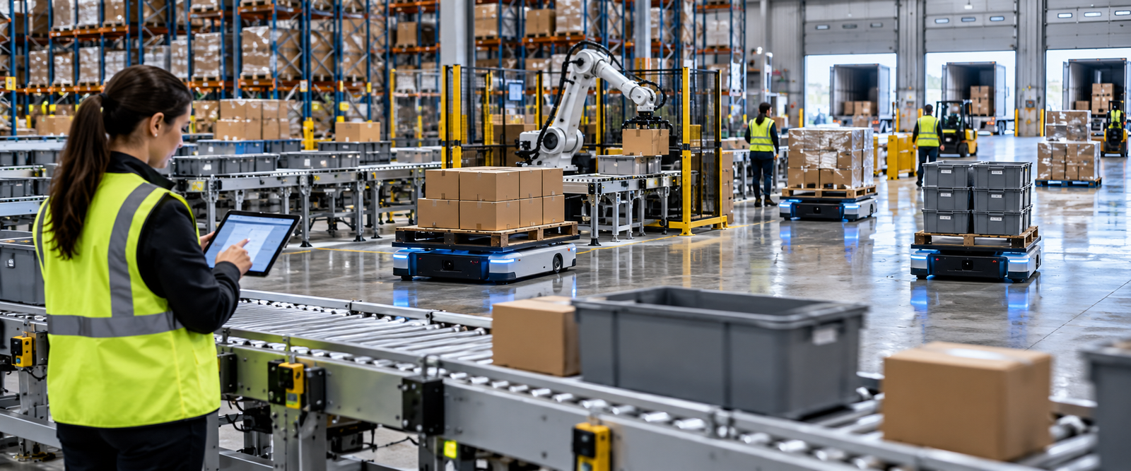 AI-enabled warehouse execution with autonomous mobile robots, conveyors, pallets, and a human supervisor
