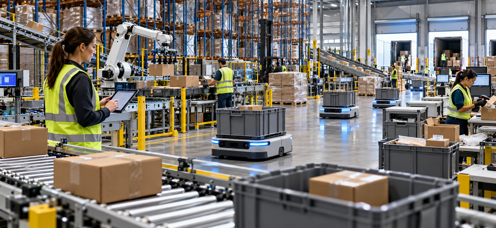 AI-enabled warehouse execution with autonomous mobile robots, conveyors, pallets, and a human supervisor