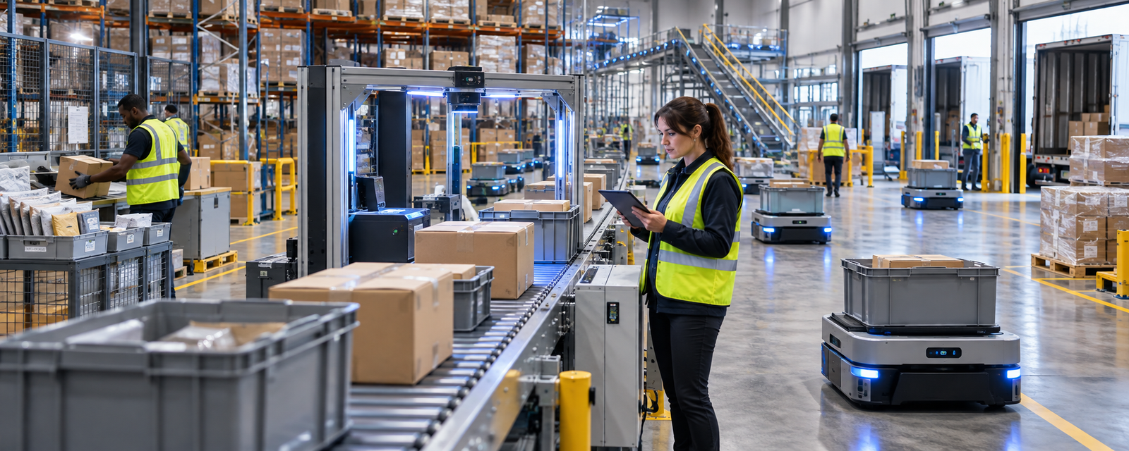 AI-enabled warehouse execution with autonomous mobile robots, conveyors, pallets, and a human supervisor
