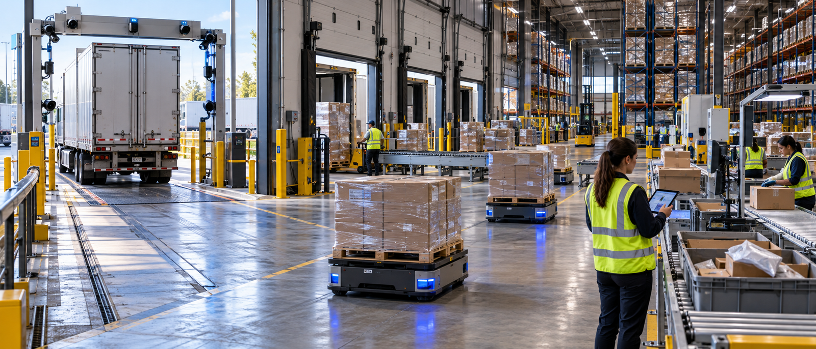 AI-enabled warehouse execution with autonomous mobile robots, conveyors, pallets, and a human supervisor