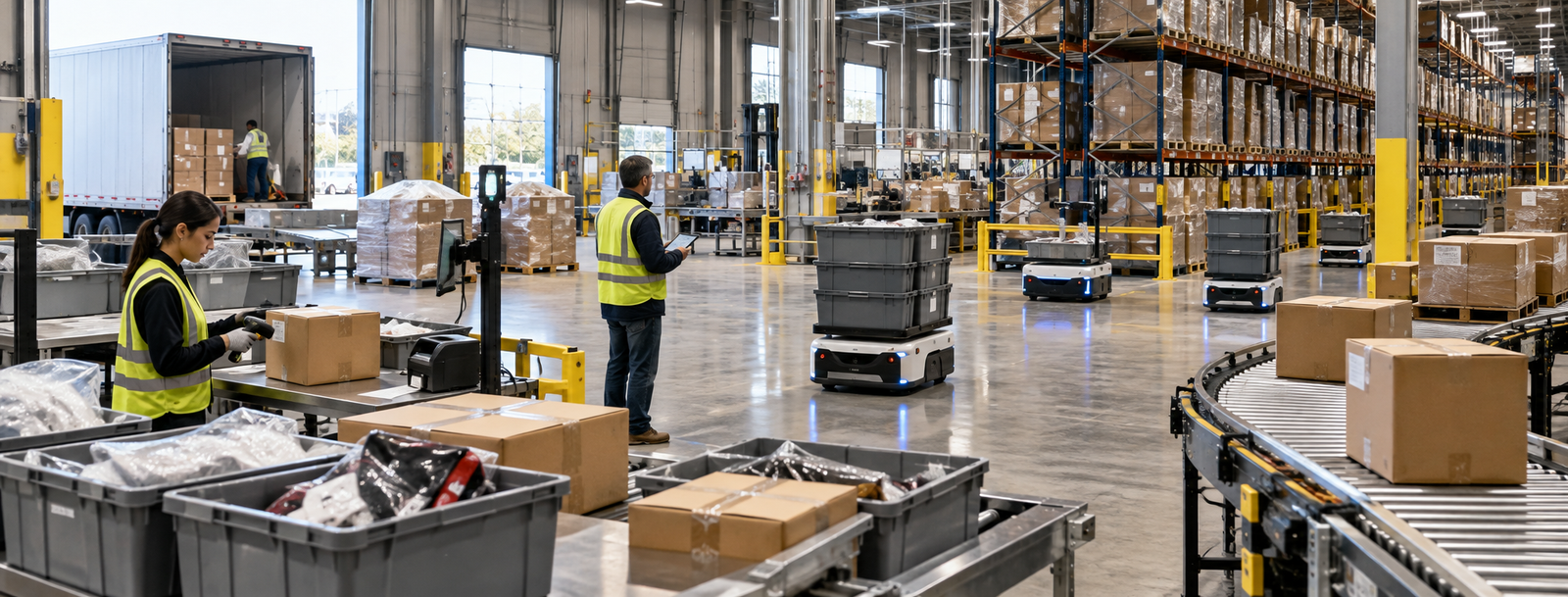 AI-enabled warehouse execution with autonomous mobile robots, conveyors, pallets, and a human supervisor
