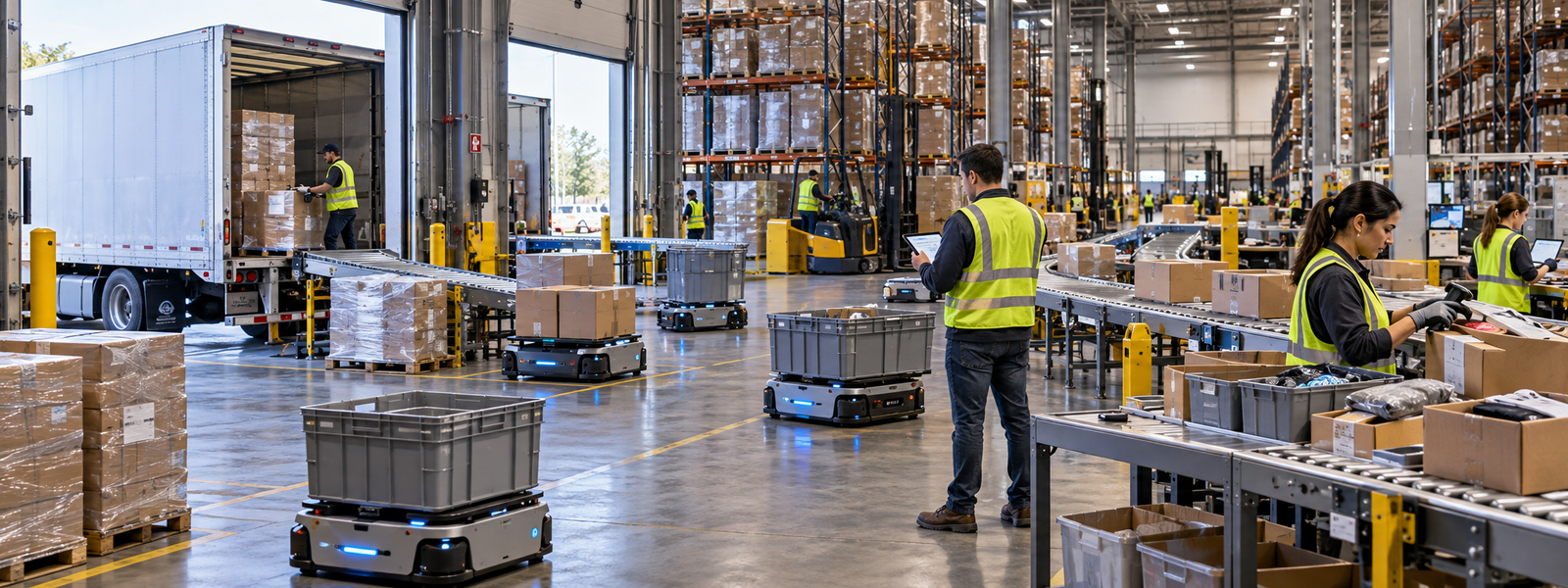 AI-enabled warehouse execution with autonomous mobile robots, conveyors, pallets, and a human supervisor