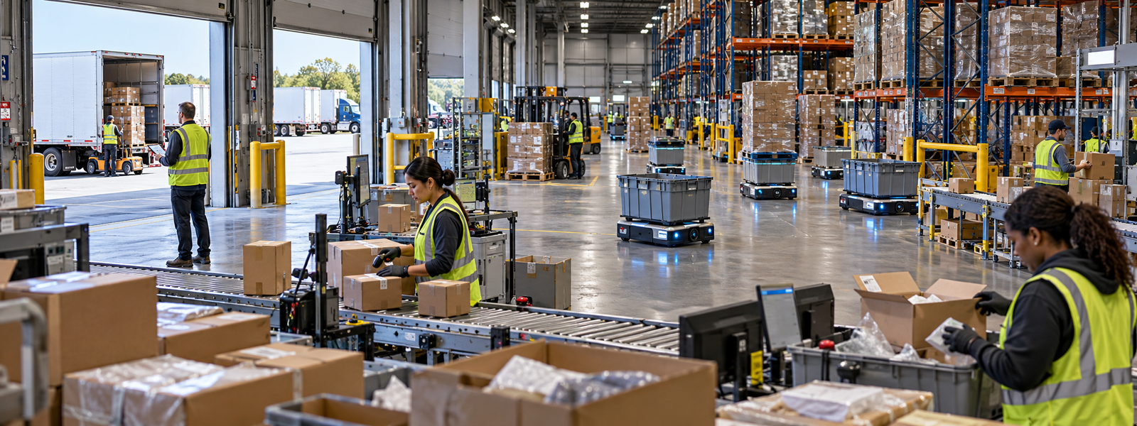 AI-enabled warehouse execution with autonomous mobile robots, conveyors, pallets, and a human supervisor