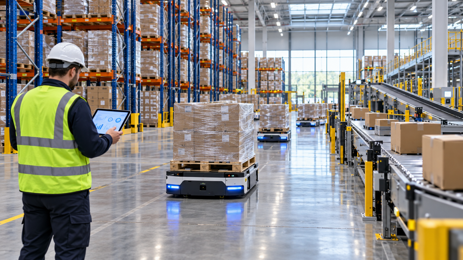 AI-enabled warehouse execution with autonomous mobile robots, conveyors, pallets, and a human supervisor
