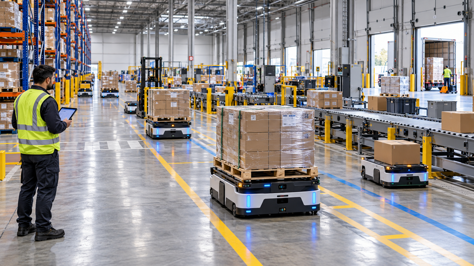 AI-enabled warehouse execution with autonomous mobile robots, conveyors, pallets, and a human supervisor