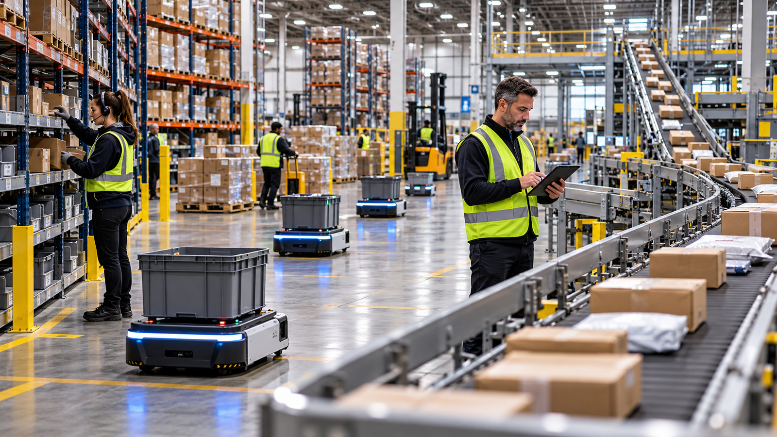 AI-enabled warehouse execution with autonomous mobile robots, conveyors, pallets, and a human supervisor