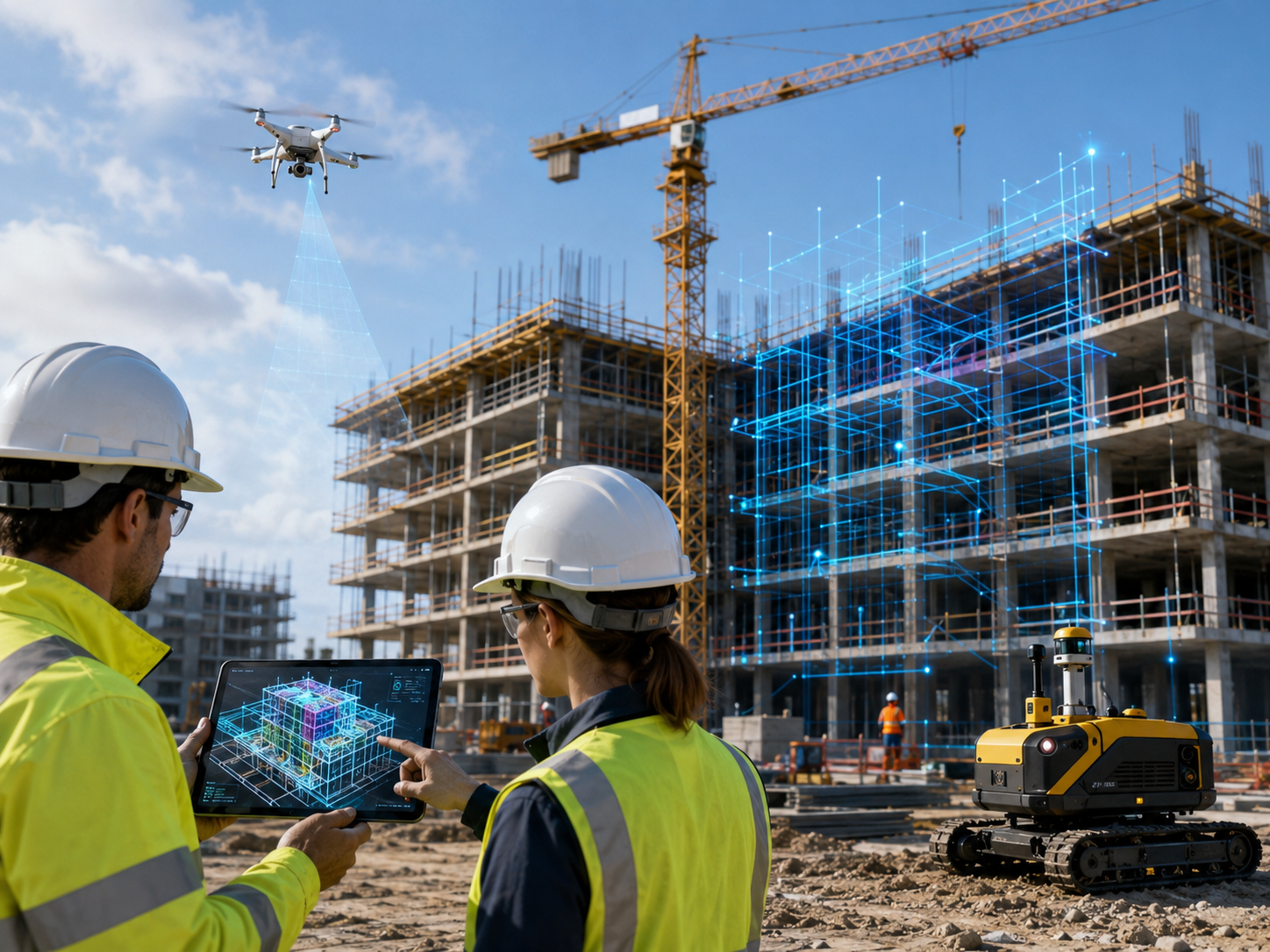 Photorealistic construction site with engineers, BIM tablet, crane, drone, and robotic construction vehicle