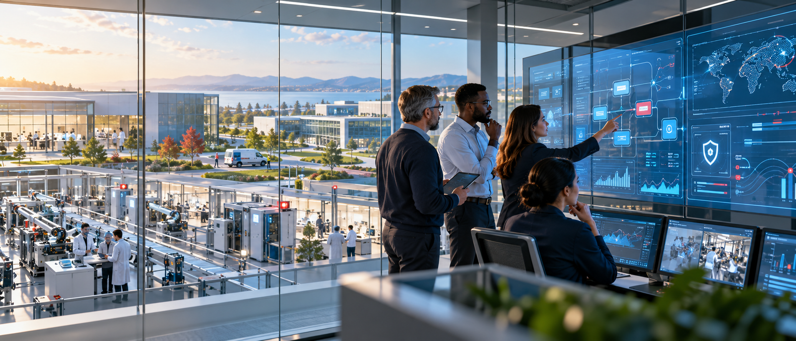Photorealistic enterprise AI operations center showing human oversight, secure runtime controls, governed data infrastructure, and industrial workflows